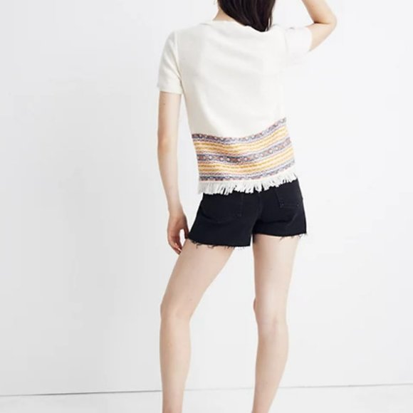 Madewell Fringed Sweater M Ivory Jacquard Knit Tee Short Sleeves Boho - Picture 8 of 9